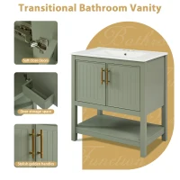30" Bathroom Vanity with Ceramic Sink, Ample Storage, Soft Close Doors, Cabinet with Solid Wood frame, 30" L x 18.5" W x 34" H, Green+White(m-6)