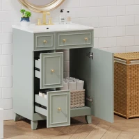 24" Bathroom Vanity with 4 Drawers and 1 Door, Ceramic Sink, Cabinet with Solid Wood Construction, 24" L x 18.5" W x 34.5" H, Green+White(m-11)
