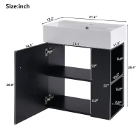 Modern Floating Bathroom Vanity with Ceramic Basin and Right Side Storage, Cabinet with Gold Handle, 21.5" L x 12" W x 26.5" H, Black+White(m-3)