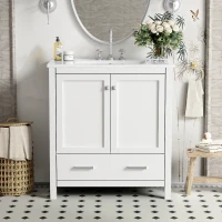 30" Bathroom Vanity with Single Sink, Solid Wood Frame, Multifunctional Storage Cabinet with Soft-Close Doors, 30" L x 18.5" W x 34" H, White(m-1)