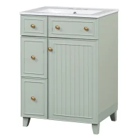 24" Bathroom Vanity with 4 Drawers and 1 Door, Ceramic Sink, Cabinet with Solid Wood Construction, 24" L x 18.5" W x 34.5" H, Green+White(m-14)