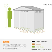 Outsunny 7' x 4' x 6' Garden Storage Shed Outdoor Patio Metal Tool Storage House w/ Foundation Kit and Double Doors Dark Grey(m-3)