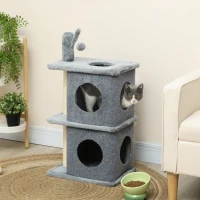 PawHut 31.5" Cat Tree, Multi-Level Cat Tower with 2 Condos and Soft Plush Perches for 1-2 Cats, Grey(m-8)