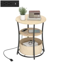 HOMCOM Round Side Table with Charging Station, 3-Tier End Table with Fabric Storage Bag and Shelf, Natural Wood(m-11)
