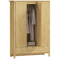 HOMCOM 3 Doors Wardrobe Closet with 2 Drawers, Bedroom Armoire with Lockable Drawer, Hanging Rod and Storage Shelves, Natural(m-11)