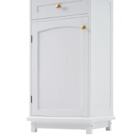 Tall Bathroom Storage Cabinet with Glass Doors, Free-Standing with Adjustable Shelves and Drawers, 18" L x 14" W x 63" H, White(m-13)