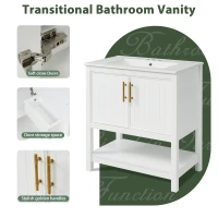 30" Bathroom Vanity with Ceramic Sink, Ample Storage, Gold Handles and Soft Close Doors for Small Bathrooms, 30" L x 18.5" W x 34" H, White(m-6)