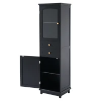 Tall Bathroom Storage Cabinet with Glass Doors, Free-Standing Design, Adjustable Shelves for Stylish Organization, 18" L x 14" W x 63" H, Black(m-14)