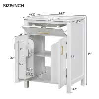 Space-Saving Design Bathroom Vanity Combo with Ceramic Sink, Storage Cabinet with Wood Frame, 24" L x 18.5" W x 34" H, White(m-3)