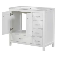 36" Bathroom Vanity with Ceramic Sink, 2 Soft-Close Doors and 5 Drawers, Cabinet with Free-Standing Design, 36" L x 18" W x 34" H, White(m-14)
