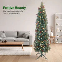 HOMCOM 6 ft Pencil Prelit Christmas Tree with LED Light, Silver Glitter, Dense Pointed Branches, 8 Modes, Slim Xmas Tree(m-4)