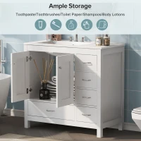 36" Bathroom Vanity with Ceramic Sink, 2 Soft-Close Doors and 5 Drawers, Cabinet with Free-Standing Design, 36" L x 18" W x 34" H, White(m-7)