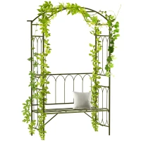 Outsunny 80" Tall Fairy Garden Arbor Arch with Bench Metal Outdoor Plant Climbing Support Trellis with 2 Seater Bench for Rose Vines Black(m-2)