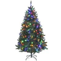 HOMCOM 6 ft Frosted Prelit Christmas Tree, Full Spruce Xmas Tree with Dual Colour LED Light, Hinged Xmas Tree, Easy Assembly(m-11)