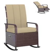 Outsunny Outdoor Wicker Rocking Chair Patio PE Rattan Recliner Chair with Cushion, Adjustable Footrest, Armrests, Khaki(m-11)