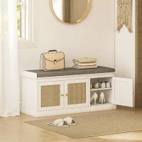 HOMCOM Shoe Storage Bench with Woven Rattan Doors, Shoe Bench with Cushion, Adjustable Shelves, Entryway Bench, White(m-2)