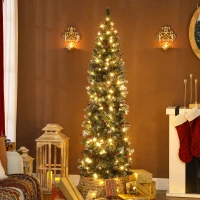 HOMCOM 6 ft Pencil Prelit Christmas Tree with LED Light, Silver Glitter, Dense Pointed Branches, 8 Modes, Slim Xmas Tree(m-9)