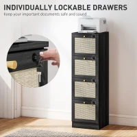 HOMCOM 4 Drawer Filing Cabinet with Lock, Boho File Cabinet for A4 Letter Size Files with Decorative Rattan Accents, Black(m-6)