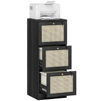 HOMCOM 3 Drawer Filing Cabinet with Lock, Boho File Cabinet for A4 Letter Size Files with Decorative Rattan Accents, Black(m-11)