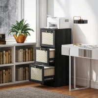 HOMCOM 3 Drawer Filing Cabinet with Lock, Boho File Cabinet for A4 Letter Size Files with Decorative Rattan Accents, Black(m-8)