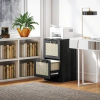 HOMCOM 2 Drawer Filing Cabinet with Lock, Boho File Cabinet for A4 Letter Size Files with Decorative Rattan Accents, Black(m-8)