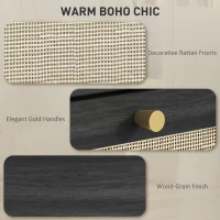 HOMCOM 3 Drawer Filing Cabinet with Lock, Boho File Cabinet for A4 Letter Size Files with Decorative Rattan Accents, Black(m-9)