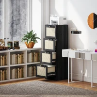 HOMCOM 4 Drawer Filing Cabinet with Lock, Boho File Cabinet for A4 Letter Size Files with Decorative Rattan Accents, Black(m-1)