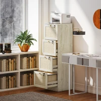 HOMCOM 4 Drawer Filing Cabinet with Lock, Boho File Cabinet for A4 Letter Size Files with Decorative Rattan Accents, Oak(m-8)