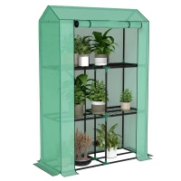 Outsunny Mini Greenhouse with 3 Tier Shelves, 3 Roll-Up Doors for Indoor Outdoor, Green(m-11)