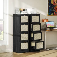 HOMCOM 4 Drawer Filing Cabinet with Lock, Boho File Cabinet for A4 Letter Size Files with Decorative Rattan Accents, Black(m-9)