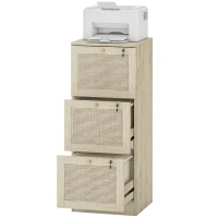 HOMCOM 3 Drawer Filing Cabinet with Lock, Boho File Cabinet for A4 Letter Size Files with Decorative Rattan Accents, Oak(m-2)