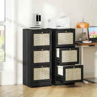 HOMCOM 3 Drawer Filing Cabinet with Lock, Boho File Cabinet for A4 Letter Size Files with Decorative Rattan Accents, Black(m-10)