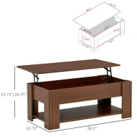HOMCOM 39" Lift Top Coffee Table with Hidden Storage Compartment and Open Shelf, Pop Up Coffee Table for Living Room, Brown(m-3)