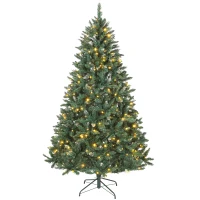 HOMCOM 7 ft Frosted Prelit Christmas Tree, Full Spruce Xmas Tree with Dual Colour LED Light, Hinged Xmas Tree, Easy Assembly(m-2)