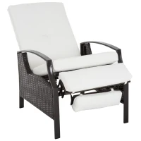 Outsunny Outdoor Recliner Chair, Reclining Patio Lounge Chair with Comfy Cushions, Footrest, Armrests, PE Wicker for Balcony, Porch, Dark Brown, Cream White(m-1)