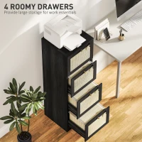 HOMCOM 4 Drawer Filing Cabinet with Lock, Boho File Cabinet for A4 Letter Size Files with Decorative Rattan Accents, Black(m-4)