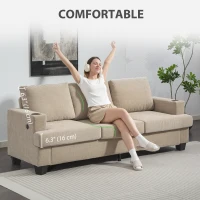 HOMCOM 3 Seater Sofa with USB Ports & Cup Holders, Chenille-Feel Upholstered Couch for Living Room, Light Brown(m-7)