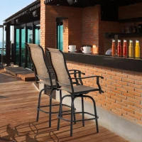 Outsunny Outdoor Bar Stools Set of 2, Swivel Bar Height Chairs with High Back, Curved Armrests and Steel Frame for Balcony, Brown(m-10)