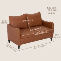 HOMCOM 55" Loveseat Sofa, Small 2 Seater Couch with Solid Wood Legs, Modern PU Leather Upholstered Sofa for Small Spaces, Brown(m-3)
