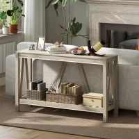 HOMCOM Console Table, Farmhouse Entryway Table with Storage Slatted Shelf, Rustic Sofa Table with Anti-Tipper for Living Room, Hallway, Gray(m-7)