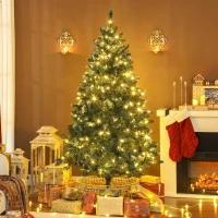 HOMCOM 6 ft Frosted Prelit Christmas Tree, Full Spruce Xmas Tree with Dual Colour LED Light, Hinged Xmas Tree, Easy Assembly(m-8)
