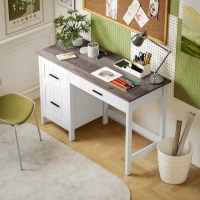 HOMCOM Computer Desk with 3 Drawers, Farmhouse Home Office Desk with File Drawer and Wood Grain Top for Small Spaces, White(m-8)