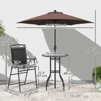 Outsunny 4 Piece Patio Bar Set, Sling Folding Outdoor Furniture with Brown Umbrella for Poolside, Backyard and Garden, Black(m-3)