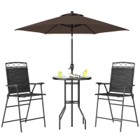 Outsunny 4 Piece Patio Bar Set, Sling Folding Outdoor Furniture with Brown Umbrella for Poolside, Backyard and Garden, Black(m-11)