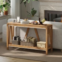 HOMCOM Console Table, Farmhouse Entryway Table with Storage Slatted Shelf, Rustic Sofa Table with Anti-Tipper for Living Room, Hallway, Brown(m-7)