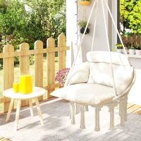 Outsunny Hammock Swing Chair, Macrame Hanging Chair with Large Cushion, Chain, Steel Frame for Indoor Outdoor Use, Cream White(m-9)