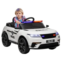 Qaba 12V Kids Electric Police Car w/ Remote Control, Spring Suspension, Transport Wheel, Siren, Music, Light, Horn, White(m-11)