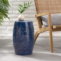 Lace-Cut Metal Side Table with All-metal Construction, Outdoor Accent Table with Barrel Shape Design, 12" L x 12" W x 18" H, Dark Blue(m-4)