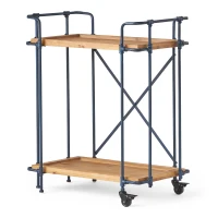 Firwood and Iron Bar Cart with Wheels, 2-Tier Mobile Serving Cart with Cross-Back Motif, 28" L x 17.5" W x 33" H, Wood+Black(m-9)