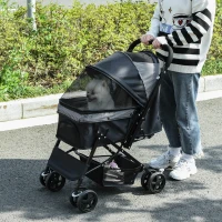 PawHut Foldable Cat Dog Travel Carriage, 4 Wheels Pet Stroller with EVA Wheel Brake, 3-stage Canopy, Mesh Window Door, Black(m-8)
